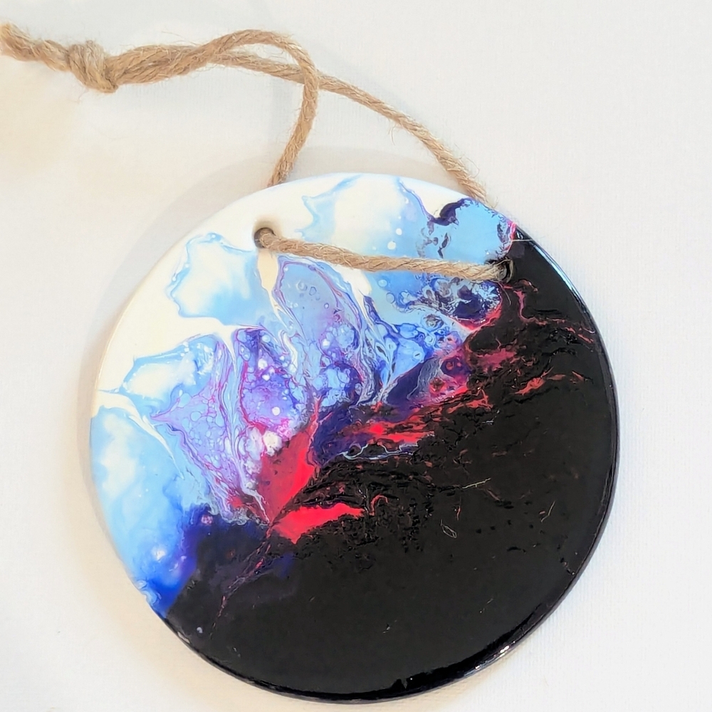 Ceramic Heart Hanging Wall Art Abstract Fluid Pour Painting Ornament Blue White